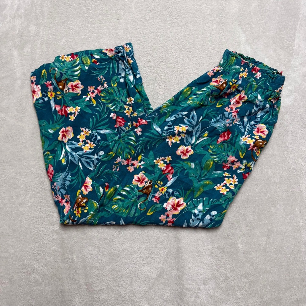 Jane + Delancey Womens Large Tropical Monkey Print Wide Leg Pants Teal Green L